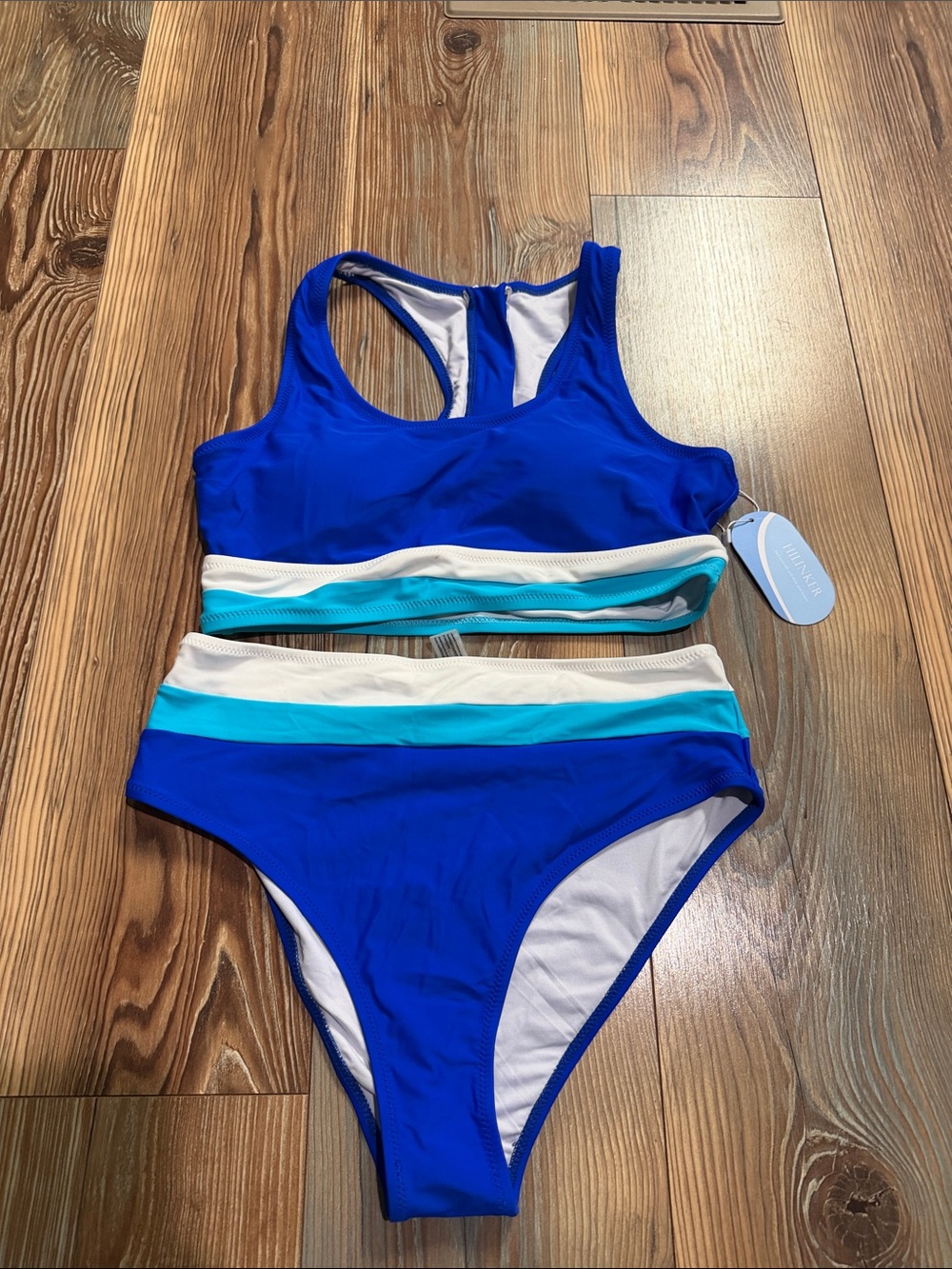Women’s High-Waist Sport Bikini Set in Royal Blue with Aqua & White Stripes